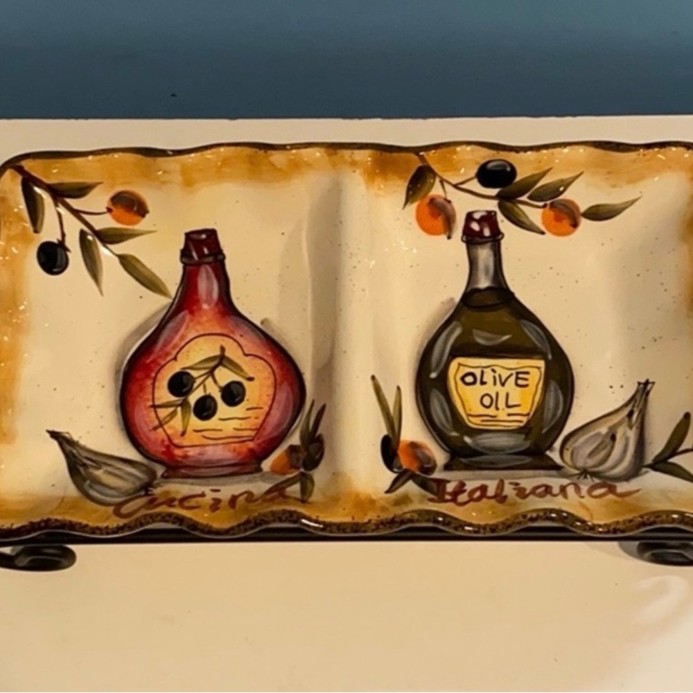 Hand-Painted Ceramic Olive Oil & Vinegar Server Tray - Cream and Multicolor